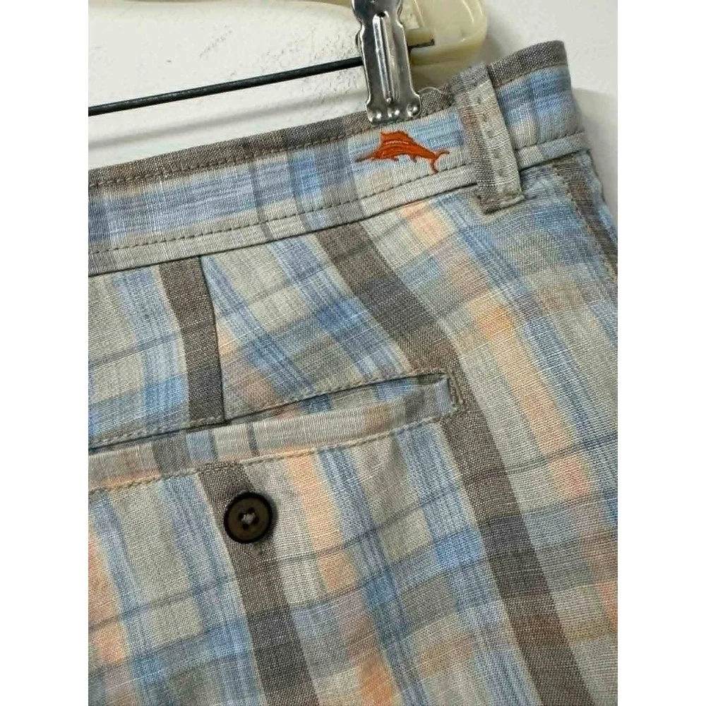 New Tommy Bahama Mens 40 Plaid Linen Tencel Shorts Blue Orange‎ Paradise Nation
